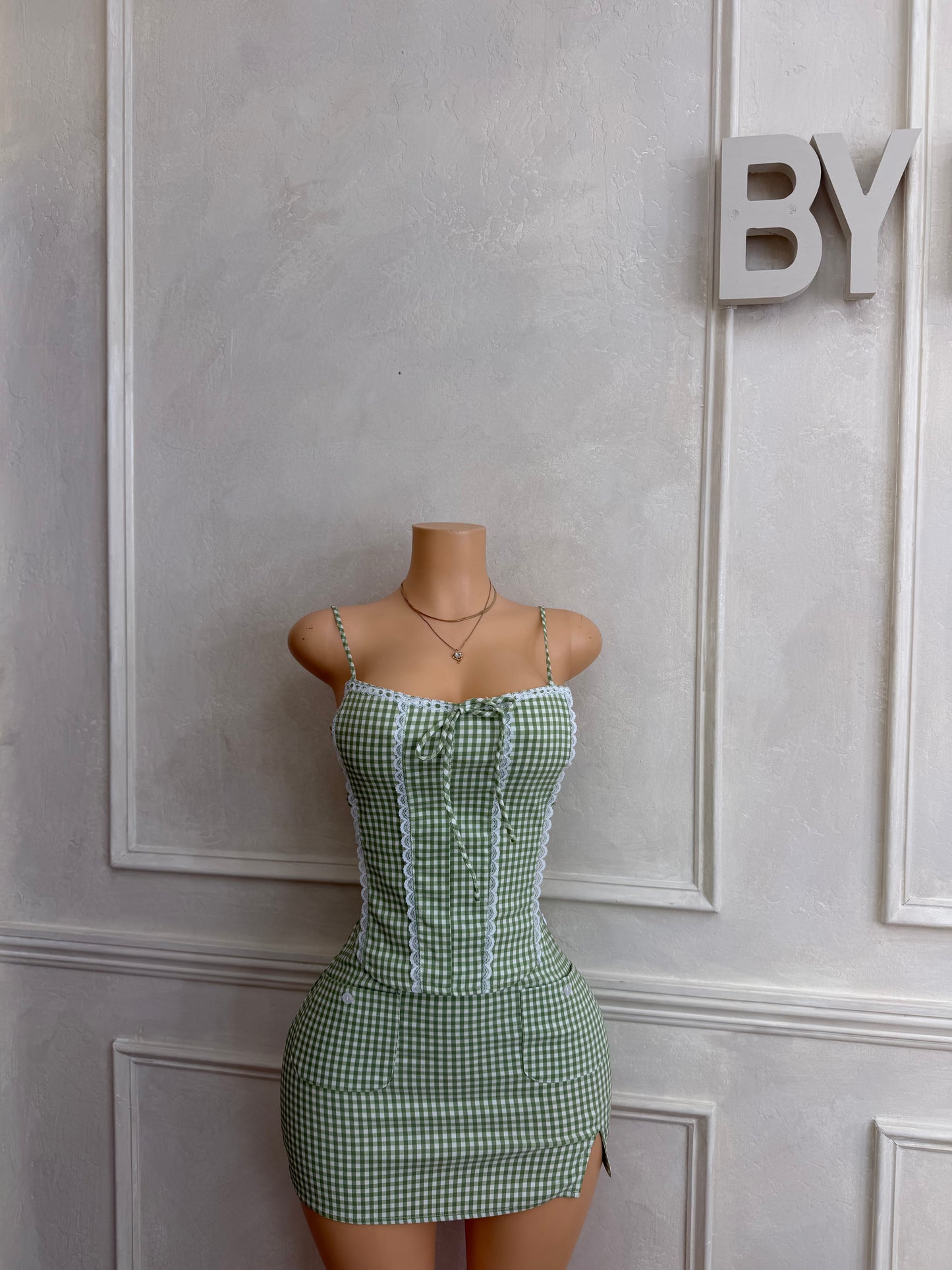 Sage gingham skirt set