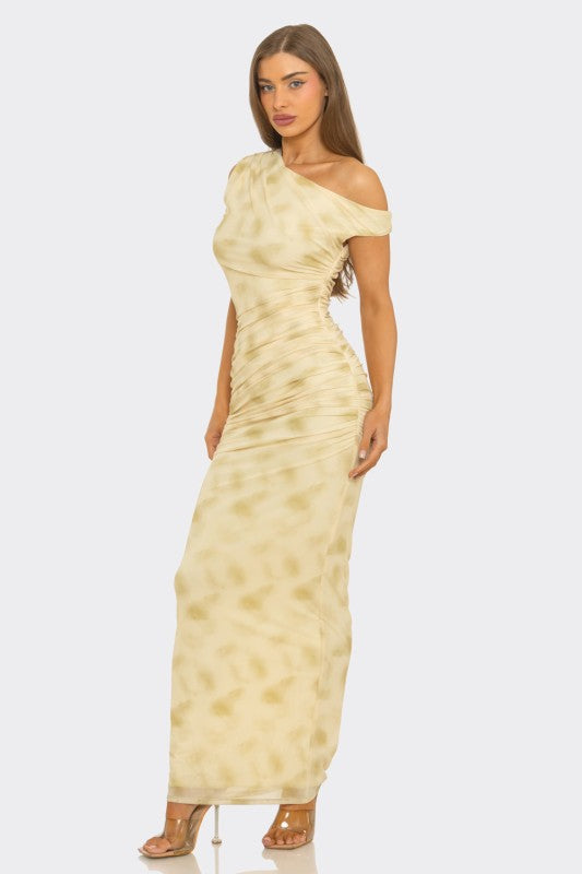 Floral print ruched mesh maxi dress