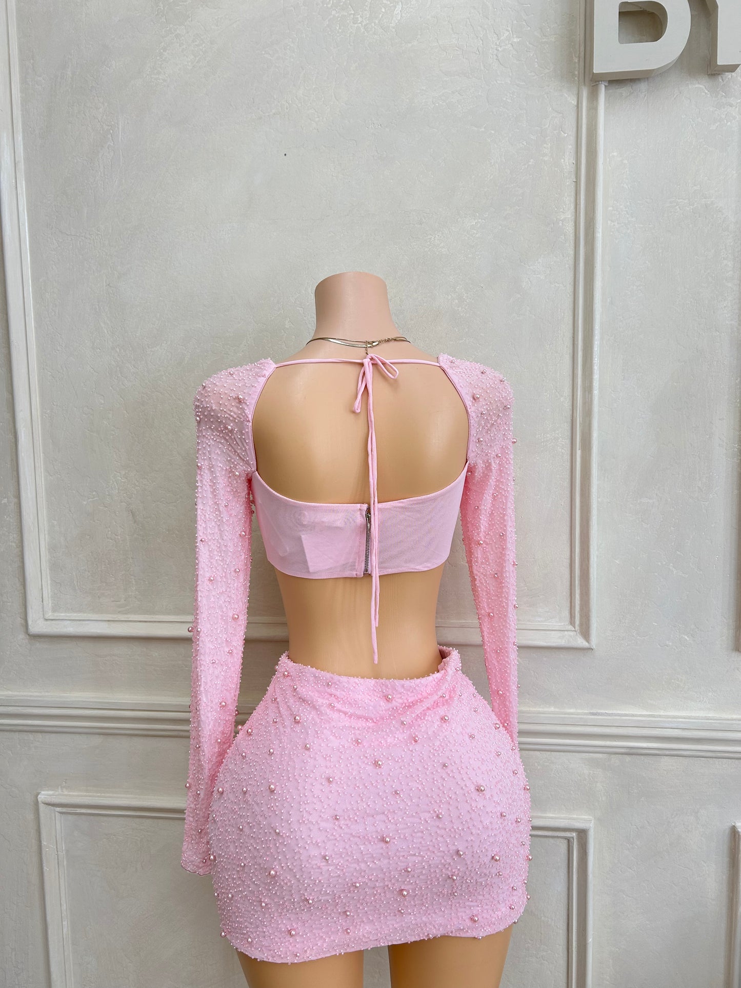 Pink pearl beaded skirt set