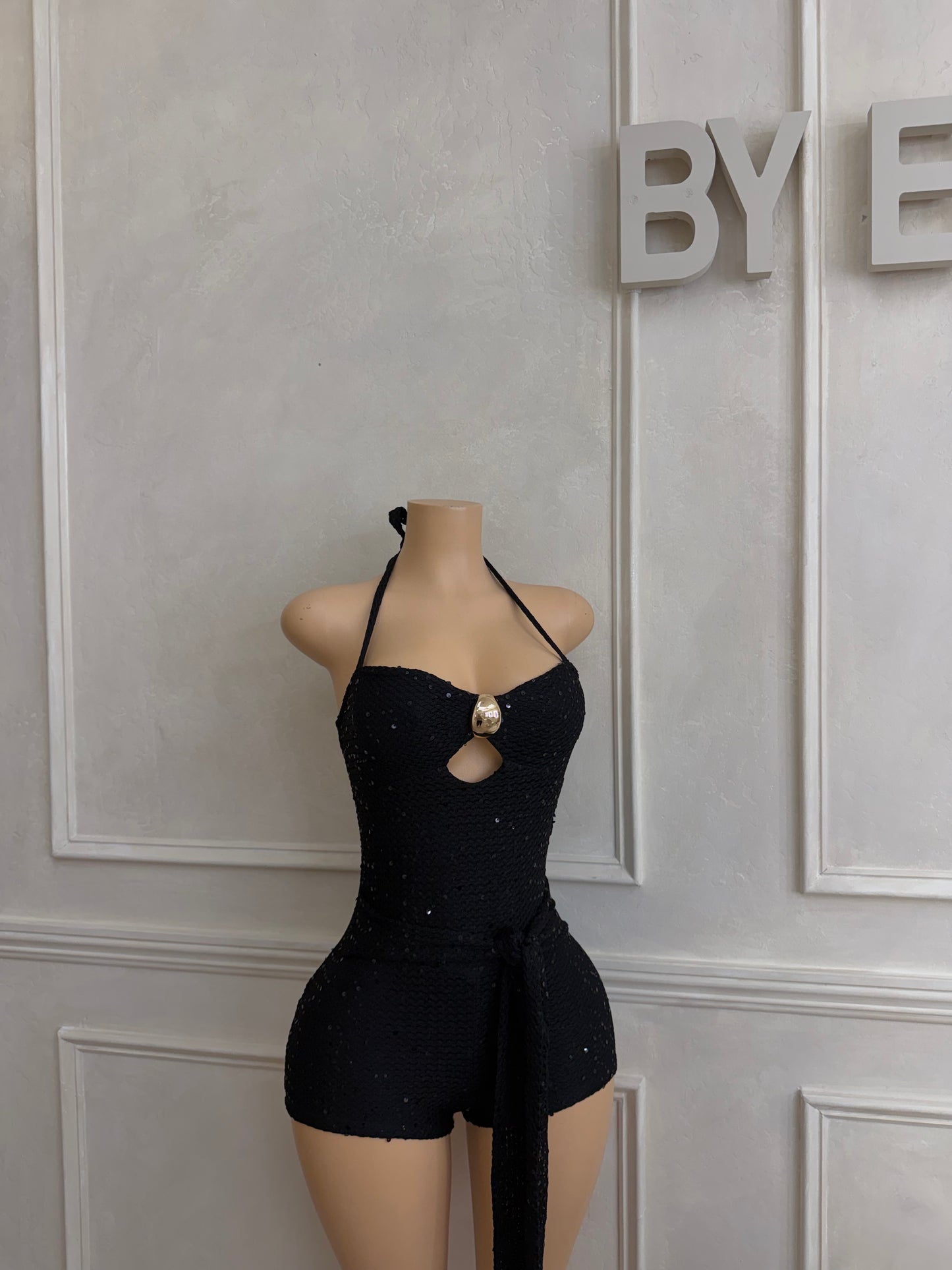 Black halter sequence romper