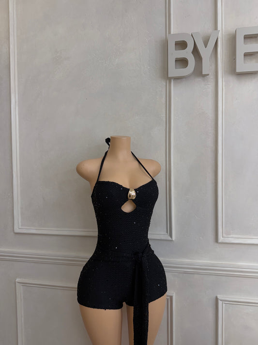 Black halter sequence romper