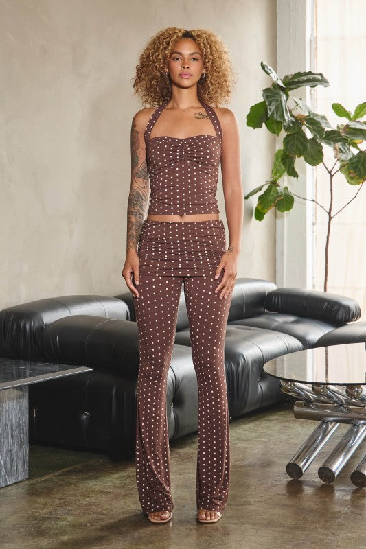 Brown polka dot halter top and pant set