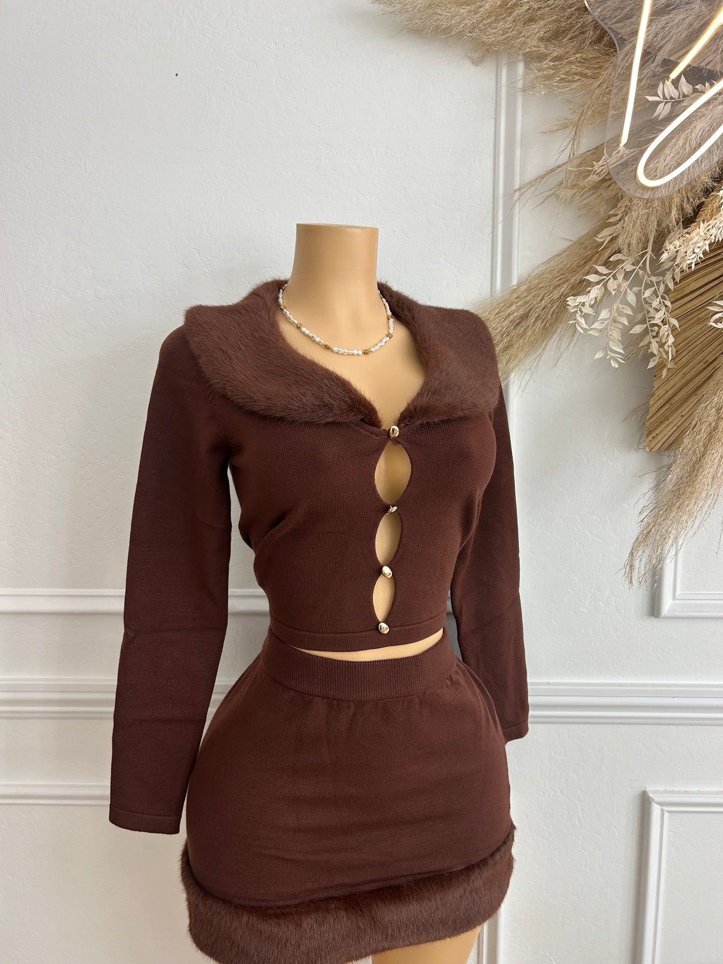 Brown sweater top and skirt set
