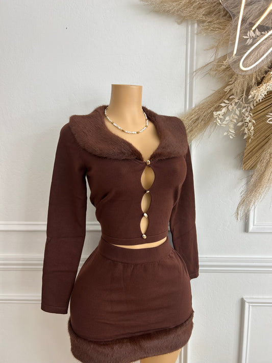 Brown sweater top and skirt set