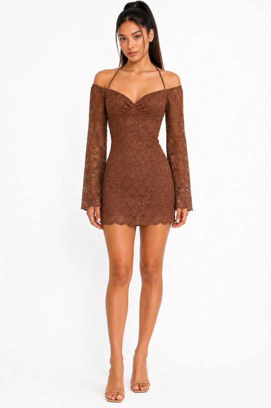 Brown halter lace mini dress
