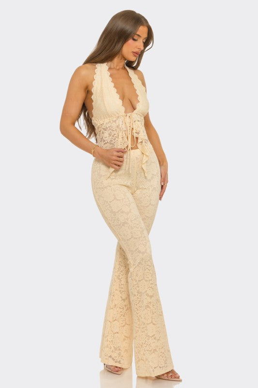 Stretch lace halter pant set