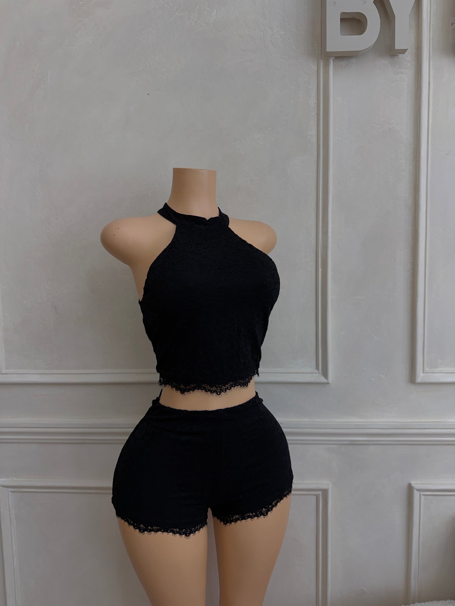 Black lace 2pc halter short set