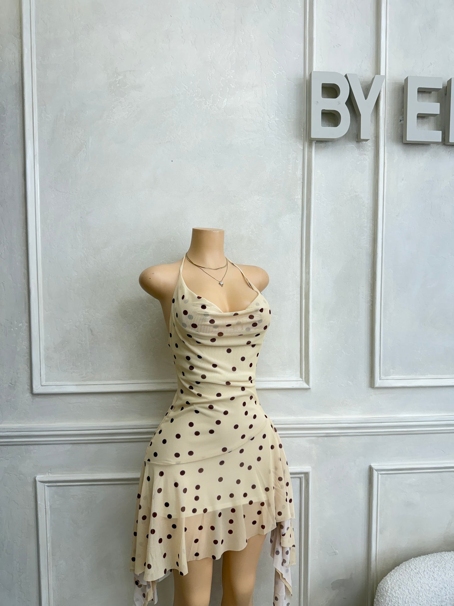 Butter yellow brown polka dot cowl neck dress