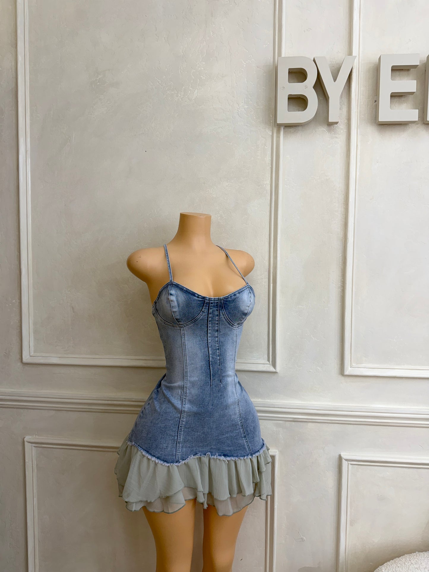 Denim cami dress with woven ruffle