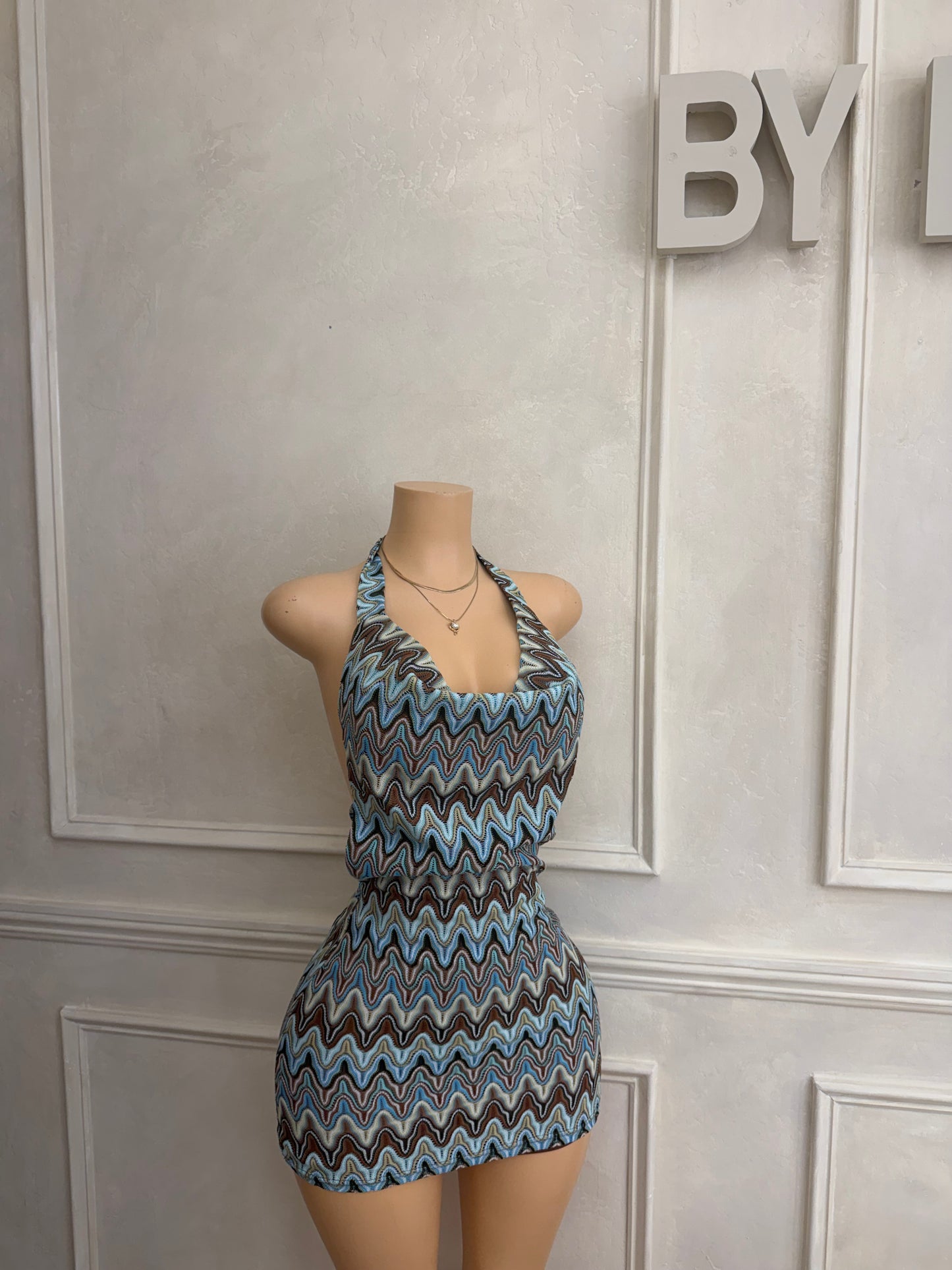 Blue brown combo mini dress