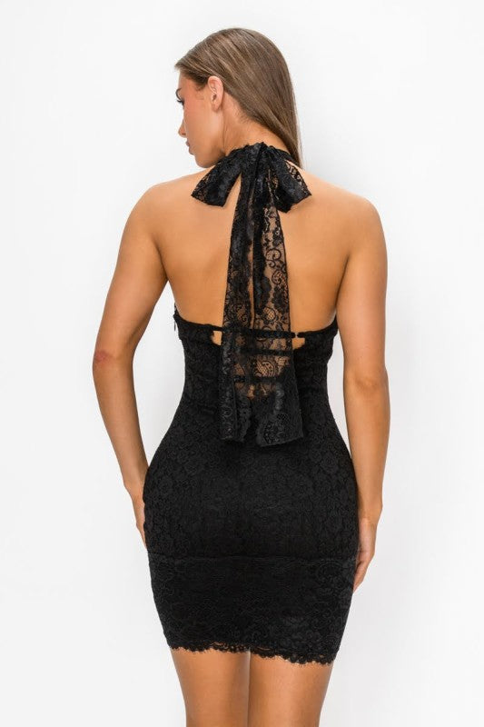 Black halter lace dress