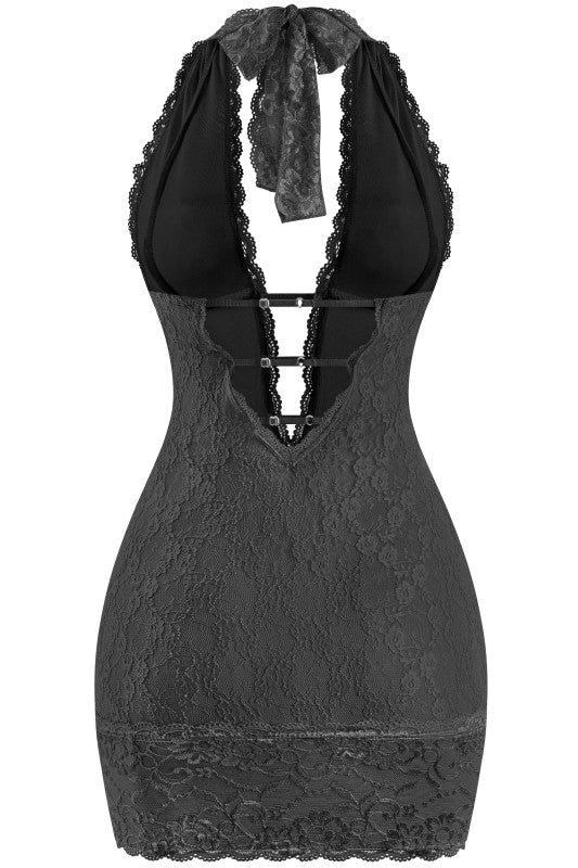 Black halter plunge lace dress
