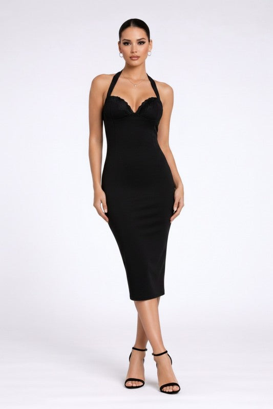 Black lace halter midi dress