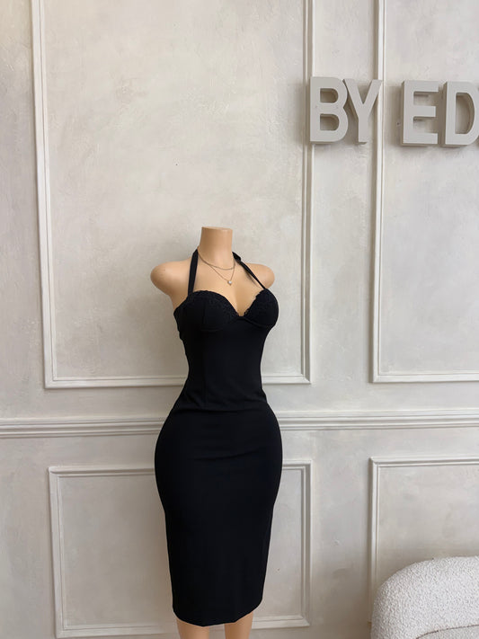 Black lace halter midi dress