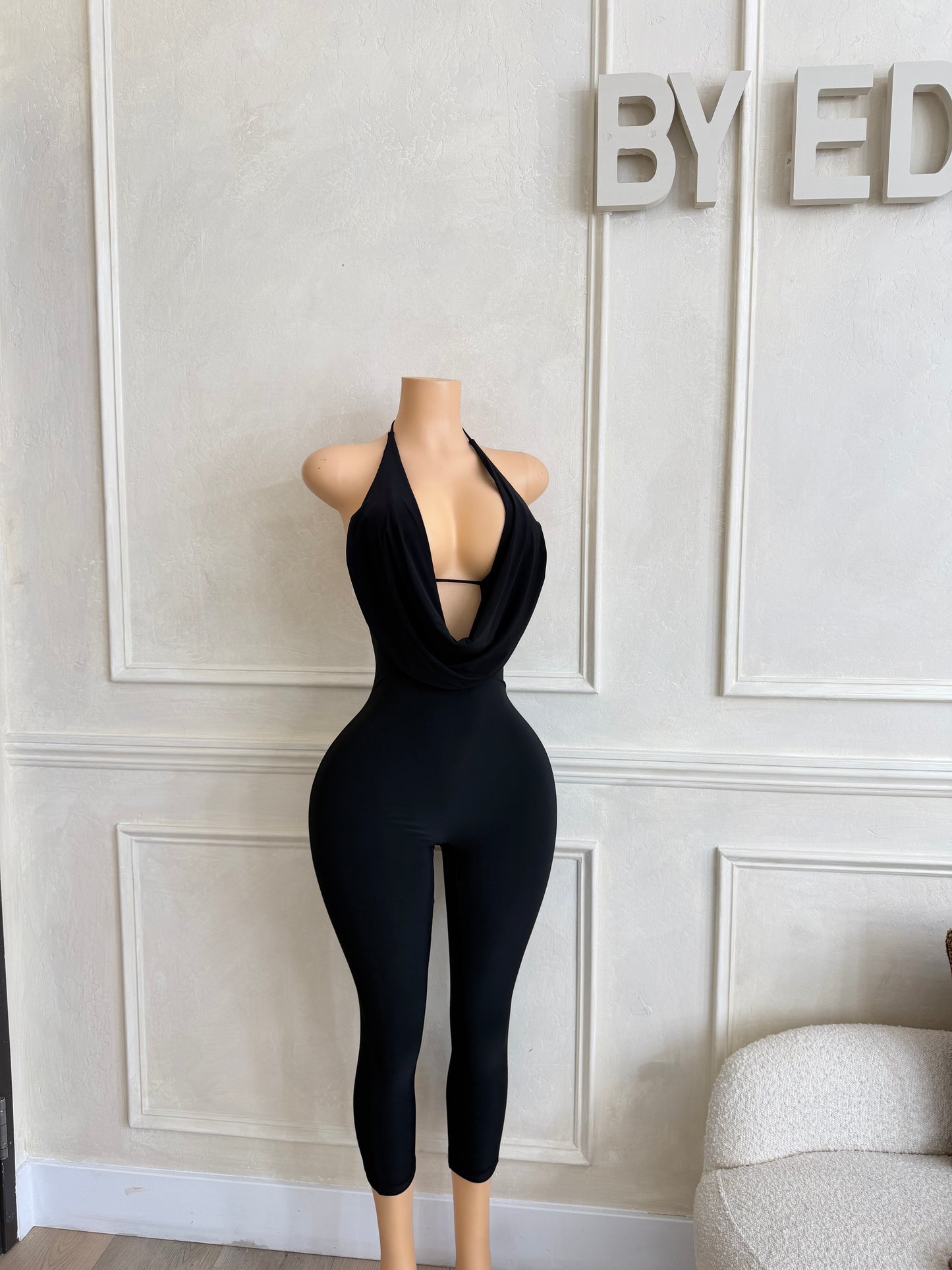 Black halter capri jumpsuit