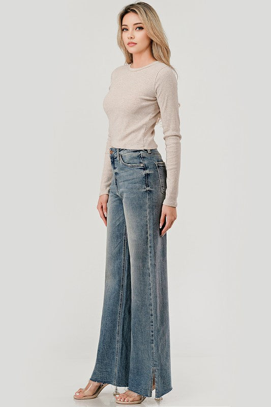 High rise crinkle wash stretchy skater jeans