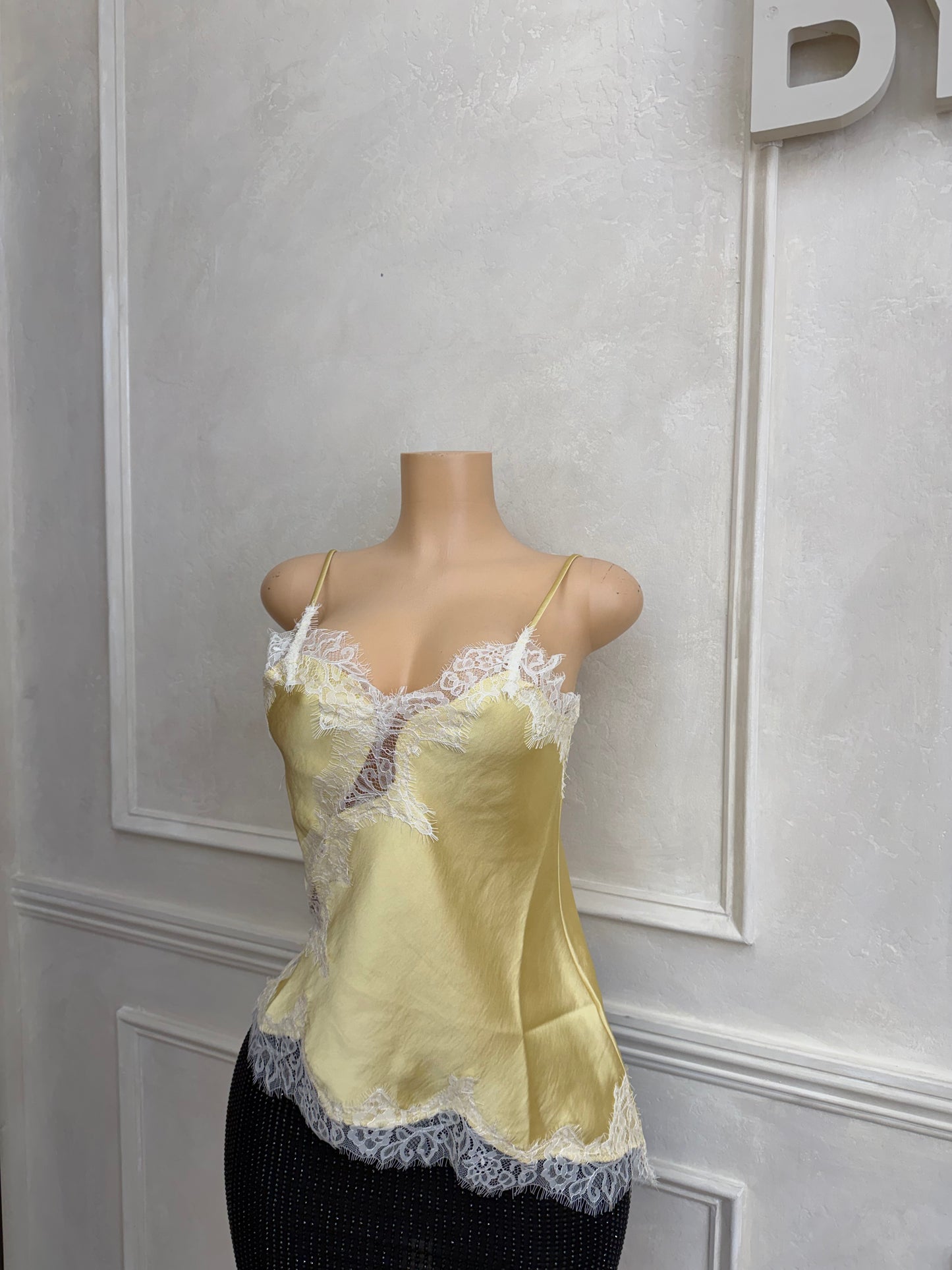 Butter yellow asymmetrical lace top