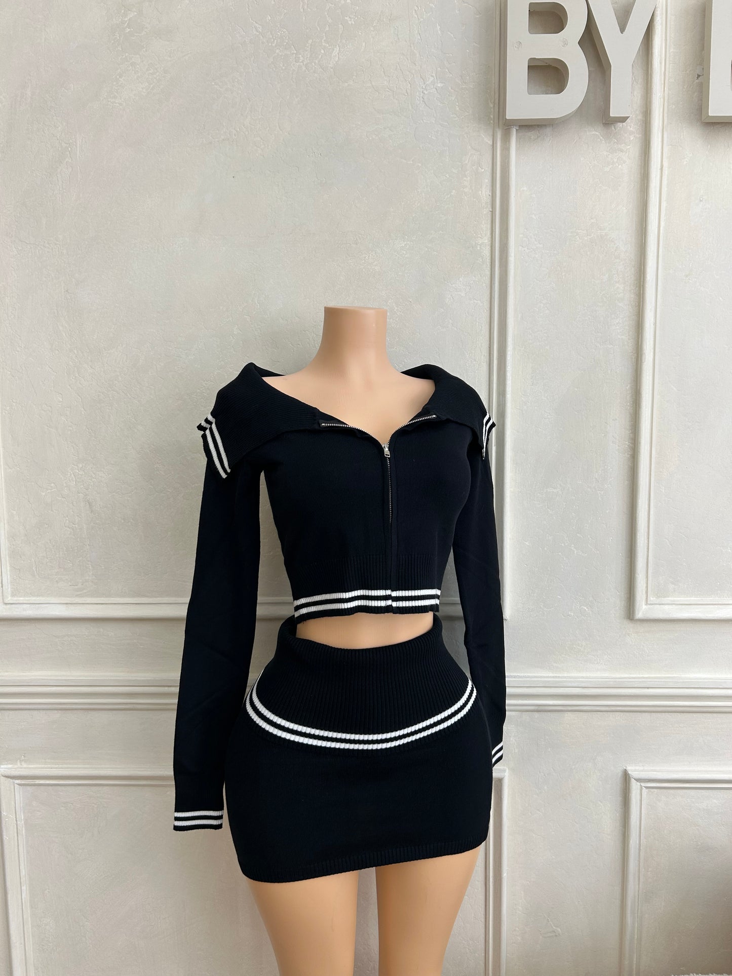 Knit off shoulder skirt and long sleeve shirt set