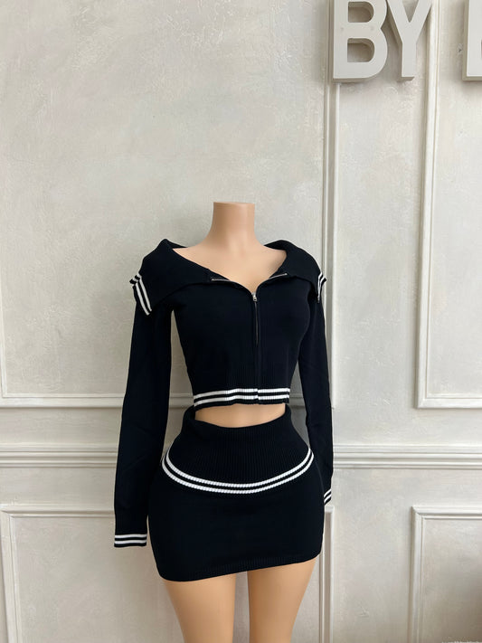 Knit off shoulder skirt and long sleeve shirt set