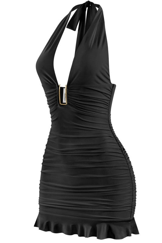 Black halter dress with gold piece