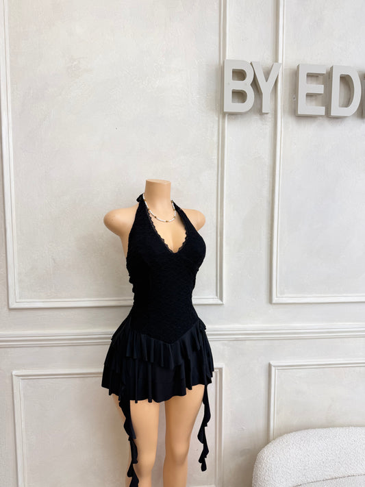 Black halter dress with shorts