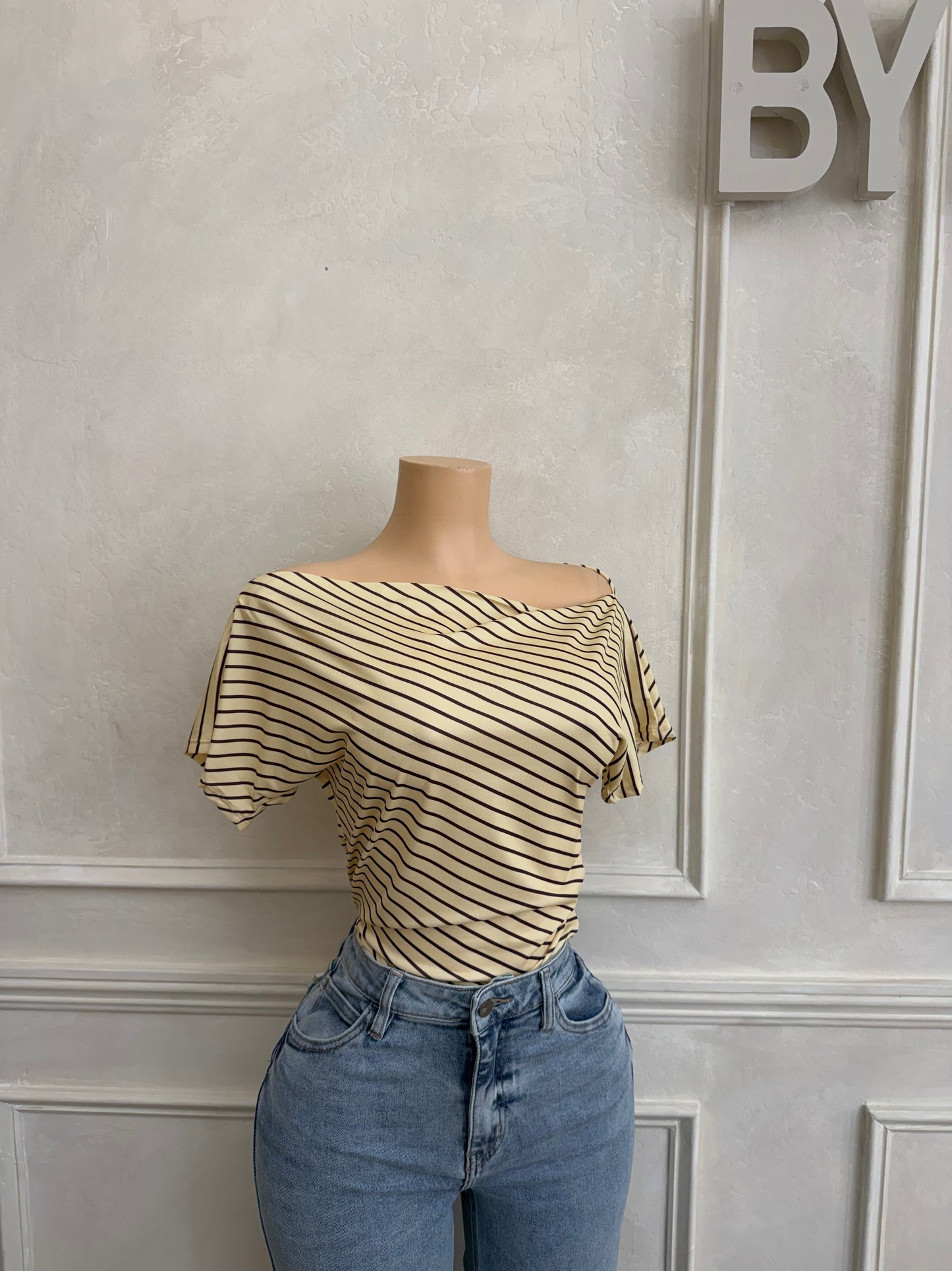 Jersey stretch striped off shoulder