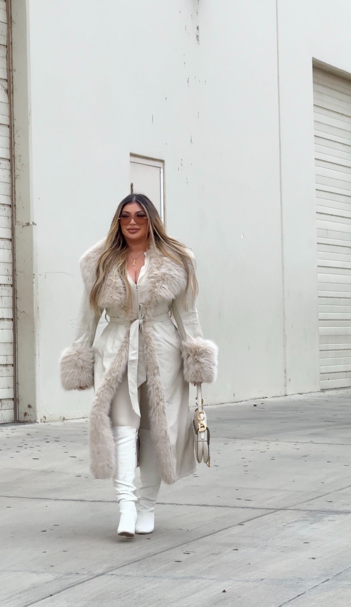 Cream long faux leather fur trim coat