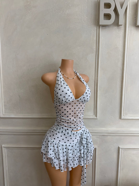 White polka dot skirt set