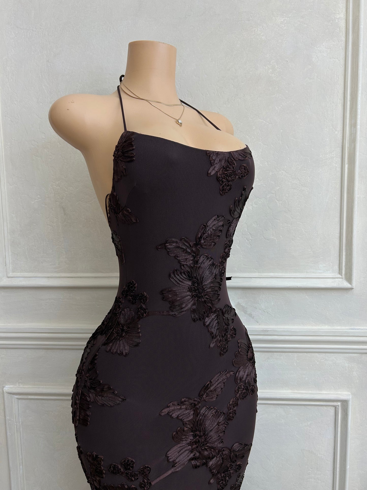 Plum floral jacquard low back maxi dress