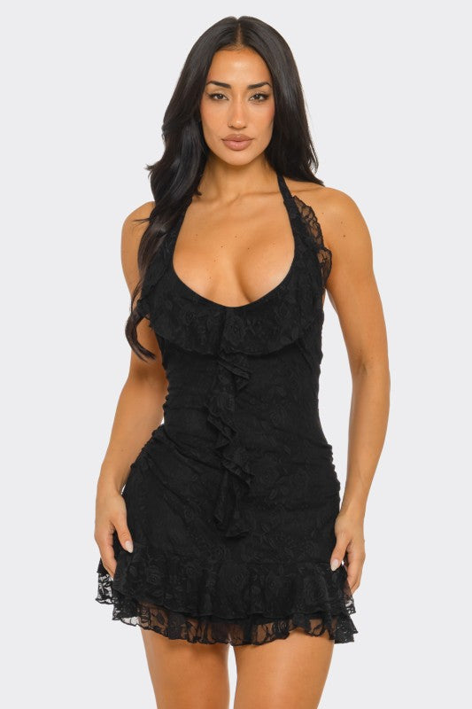 Halter open back lace dress