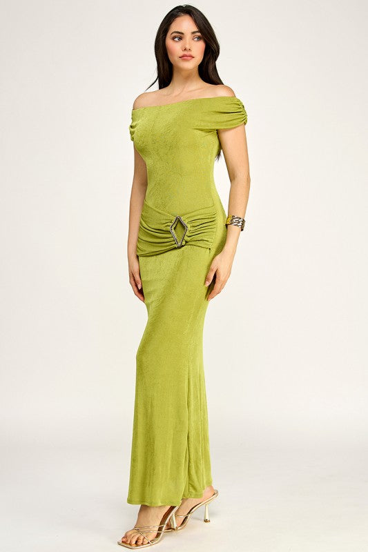 Moss green off shoulder drape trim maxi dress