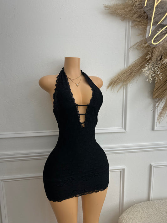 Black halter plunge lace dress
