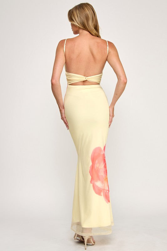 Mesh Yellow With Flower Maxi Dress