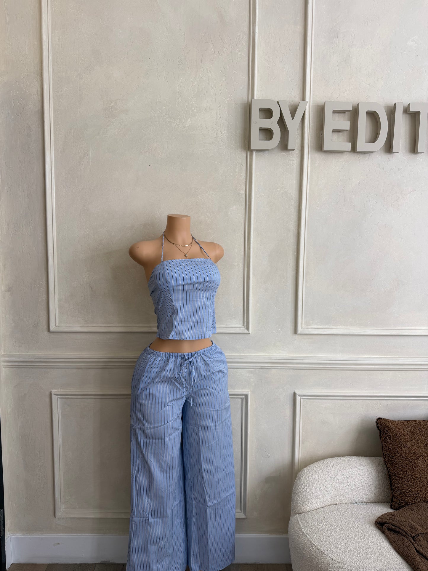 Blue stripe wide pant set