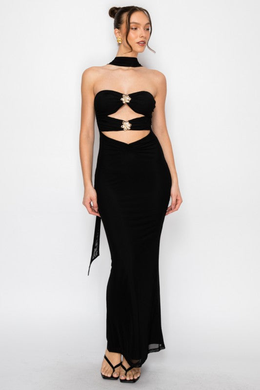 Black strapless cutout mesh maxi dress