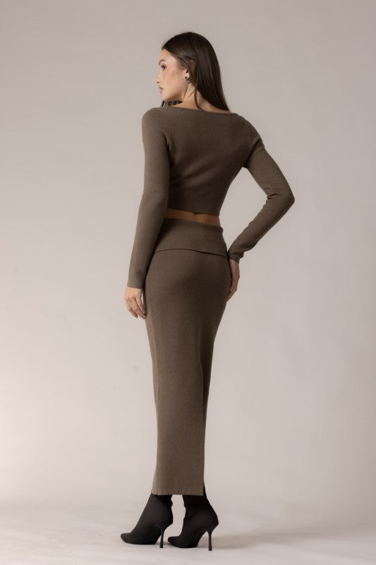 Knit ribbed button and maxi skirt set