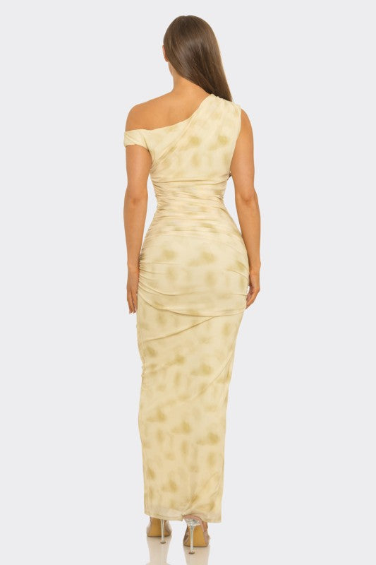 Floral print ruched mesh maxi dress