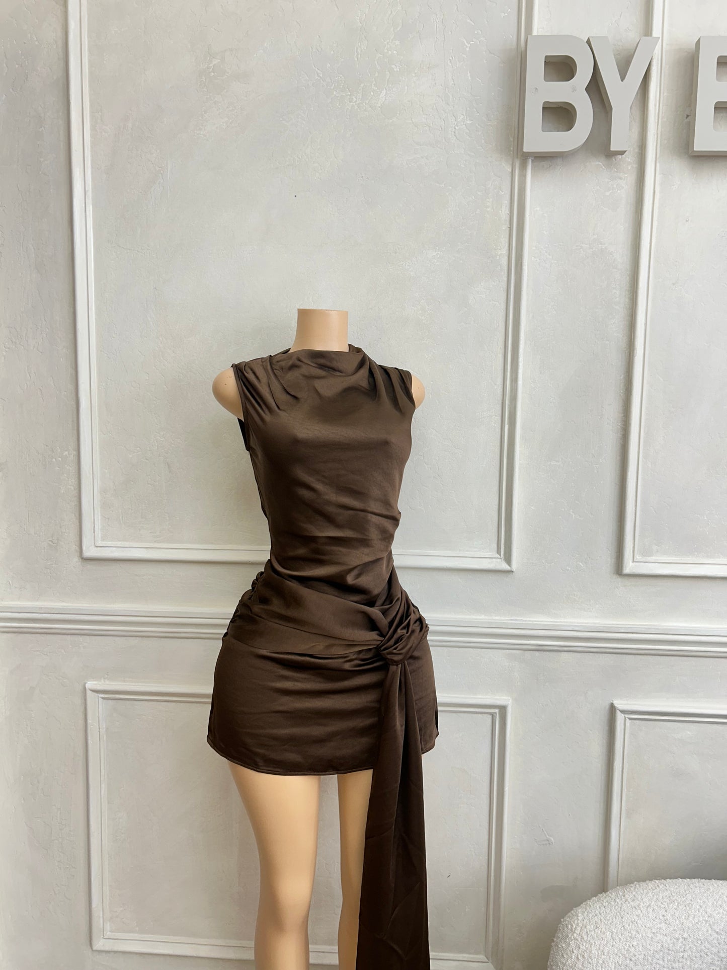 Brown satin side tie dress