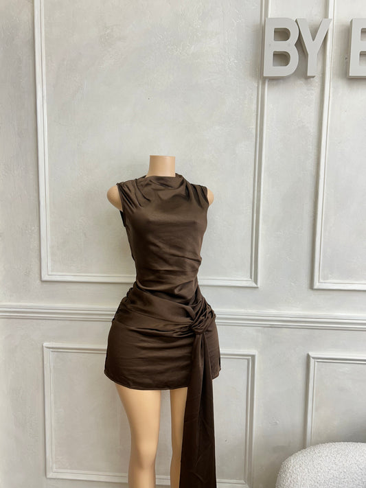 Brown satin side tie dress