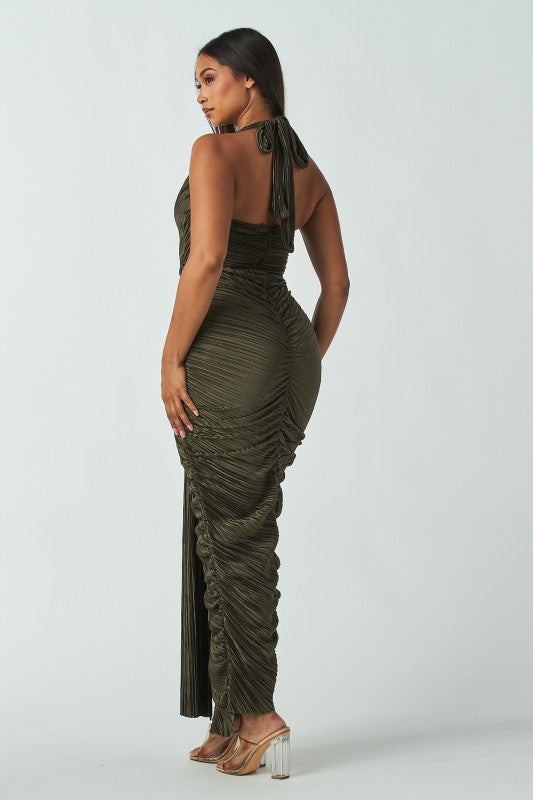 Amethyst glow halter plisse maxi dress