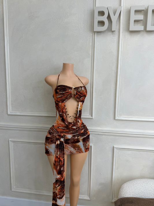 Mesh printed halter cutout dress