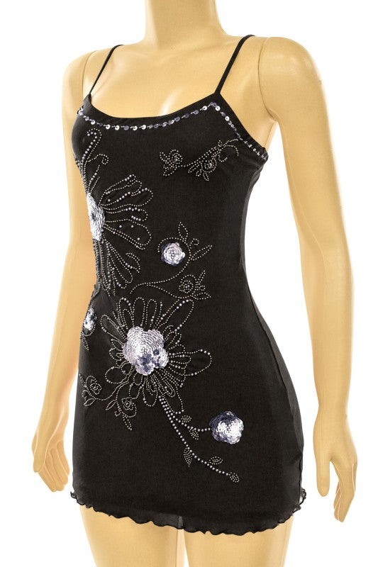 Beaded mesh black mini dress