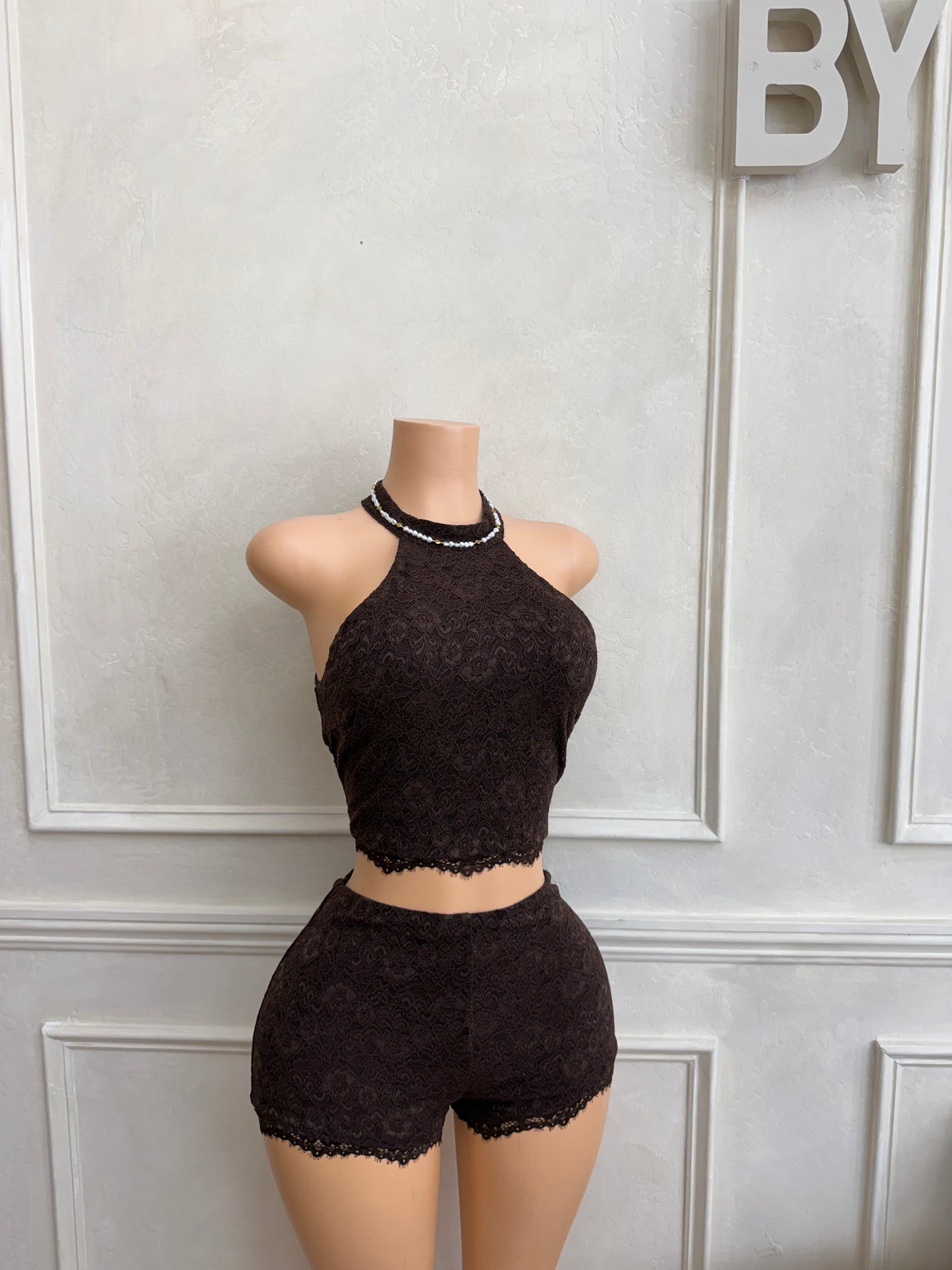 Brown lace 2pc halter set