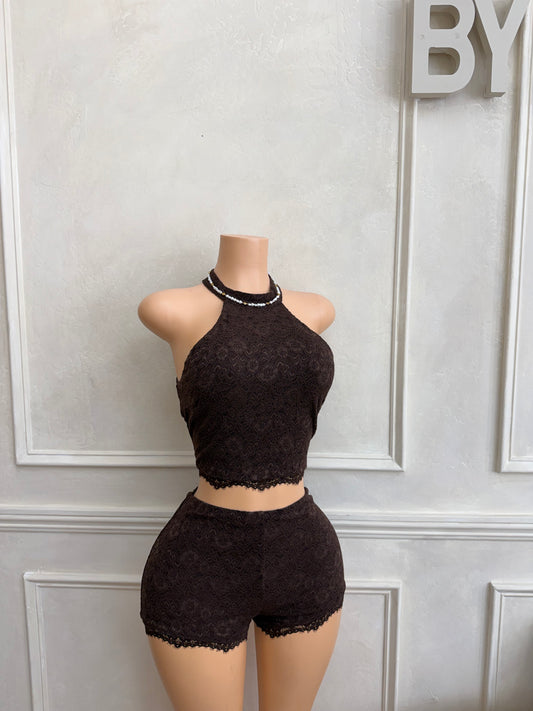 Brown lace 2pc halter set