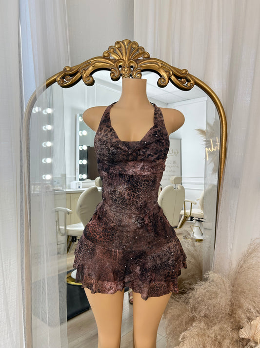 Halter print cowl mini dress