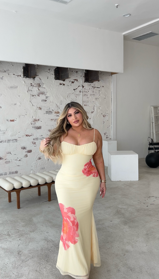 Mesh Yellow With Flower Maxi Dress