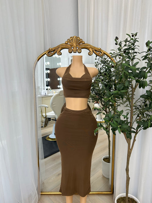 Brown Halter Midi Set